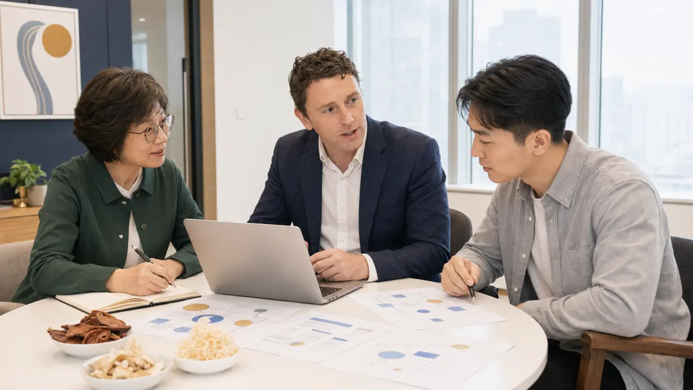 Canadian consultant in a working discussion with Chinese business professionals