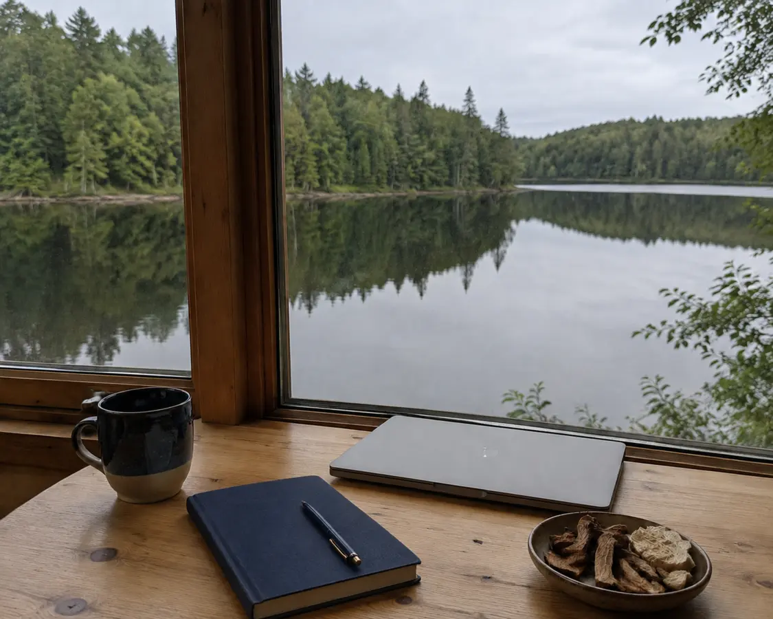 Quiet Canadian lakeside workspace with notebook and natural ingredients